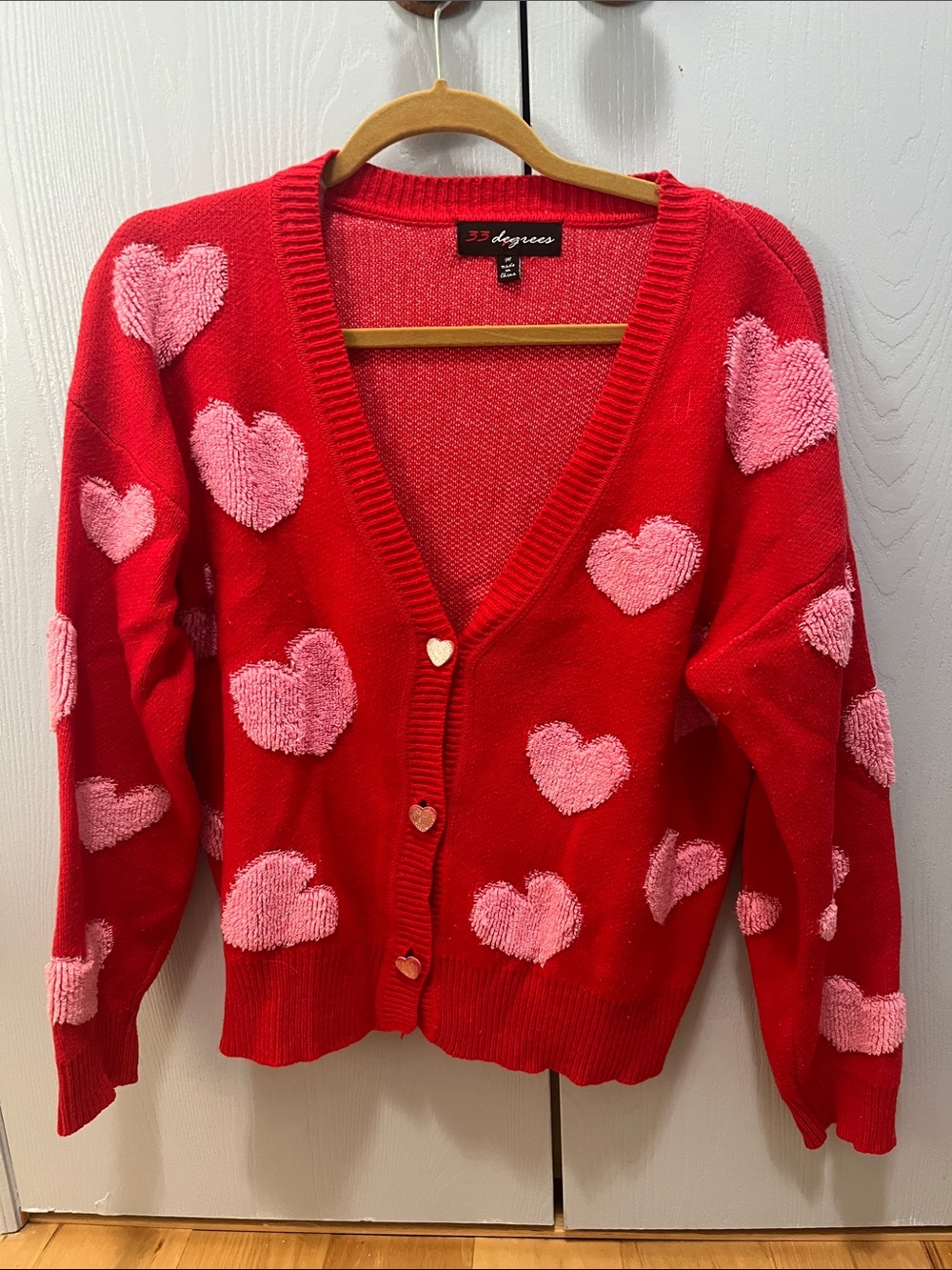 32 Degrees Red Cardigan with Pink Heart Motif